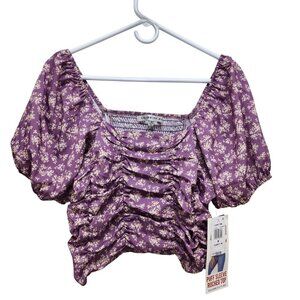 Celebrity Pink Purple Floral Puff Sleeve Ruched Top Womens Cropped Blouse Size M